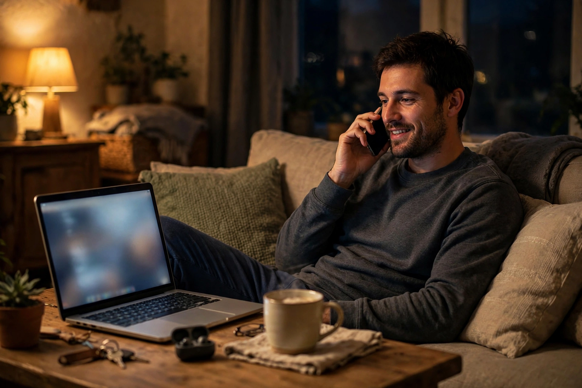 A customer at home at night chatting with a business on their phone instead of waiting until morning