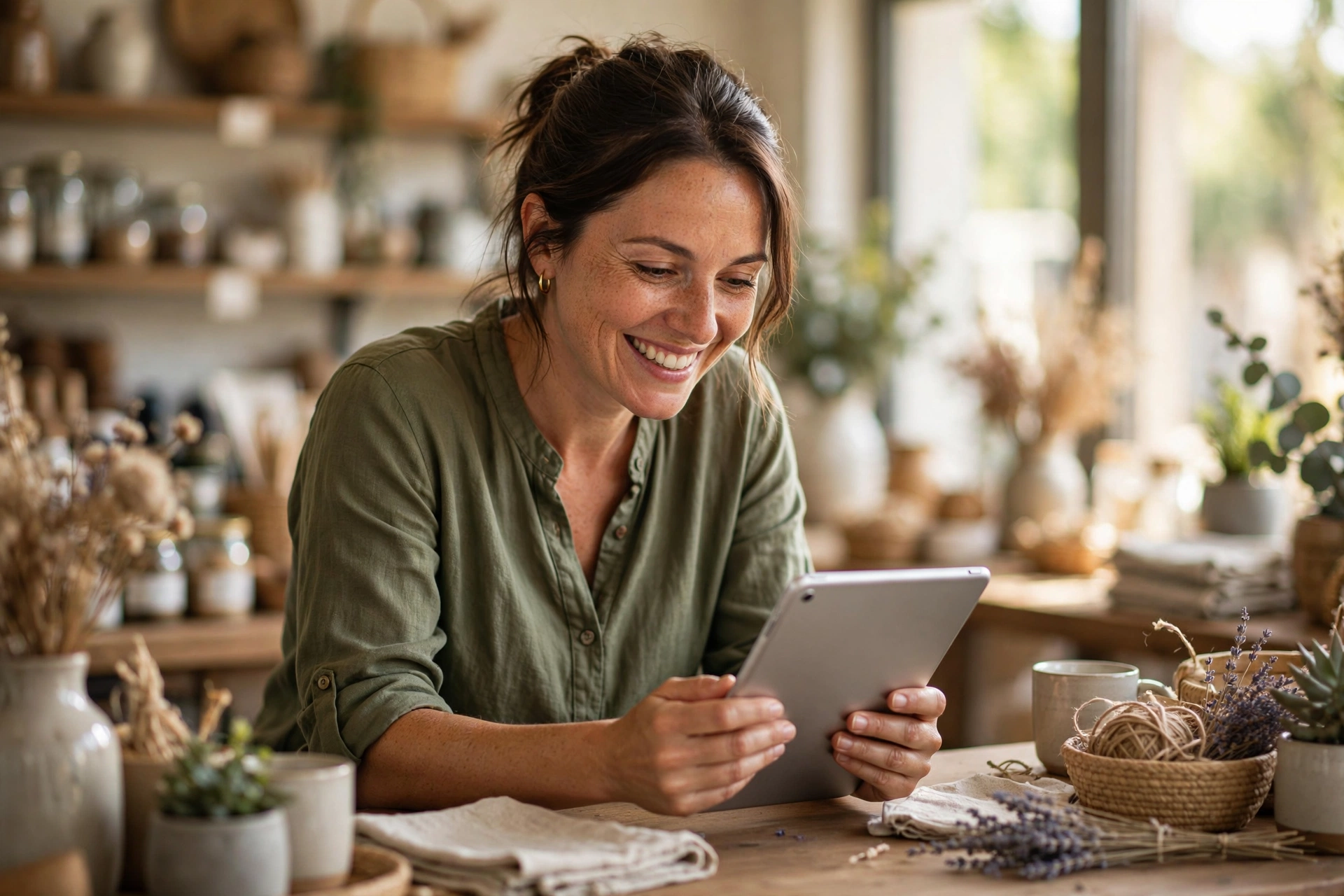 A shop owner smiling at a new customer enquiry on her tablet, captured for her by her website chatbot
