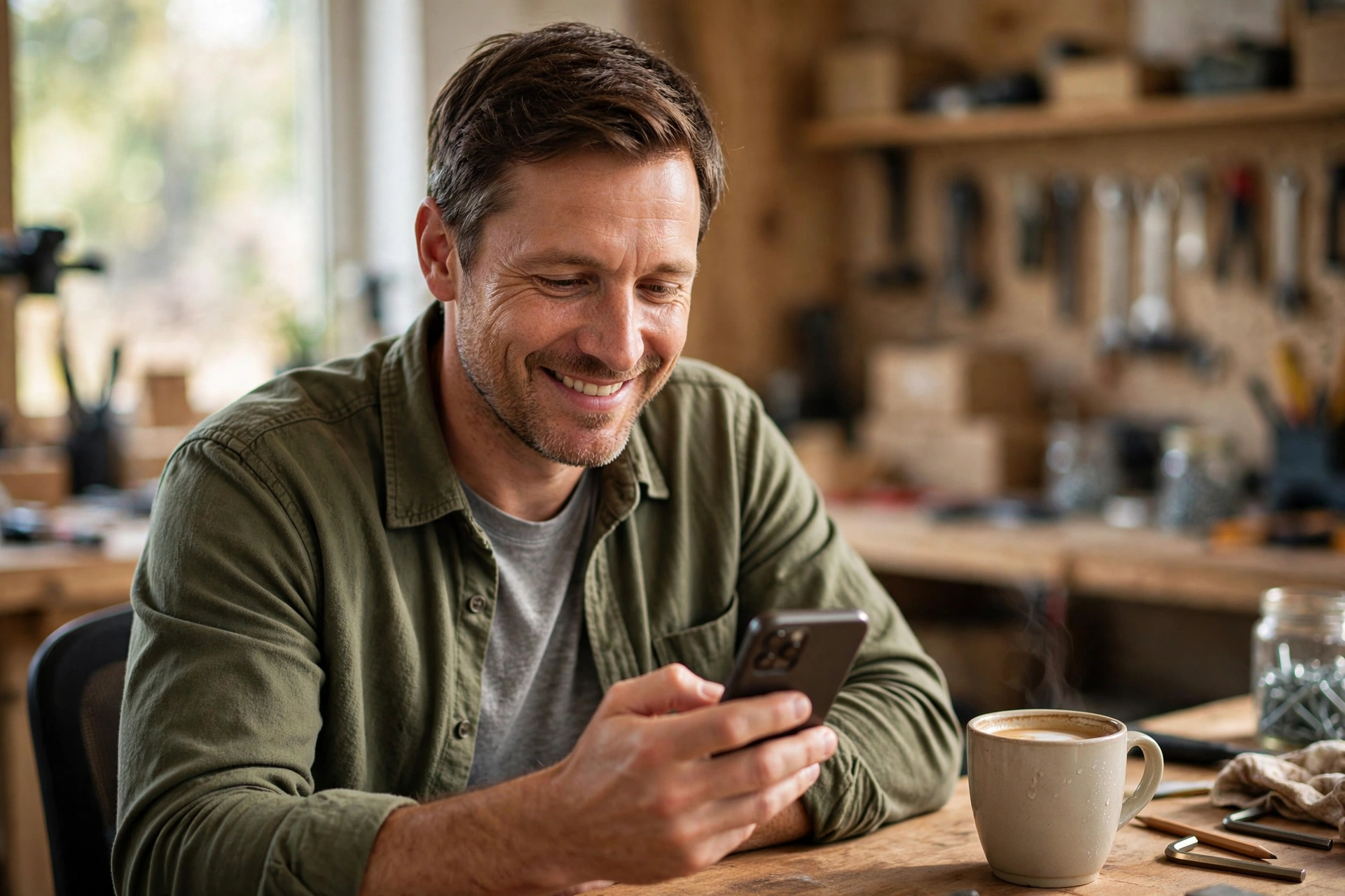 A small business owner checking his phone over morning coffee, relaxed because every call was answered and booked overnight