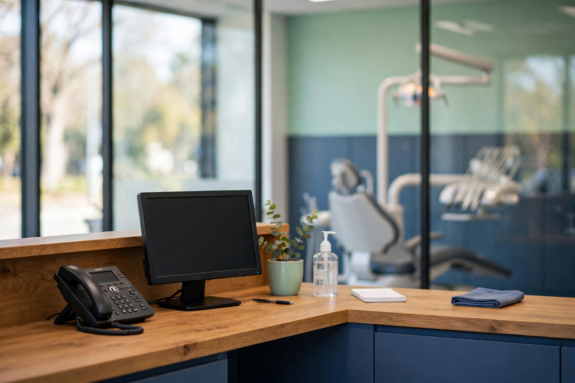 Dental clinic front desk with a phone the AI receptionist answers 24/7