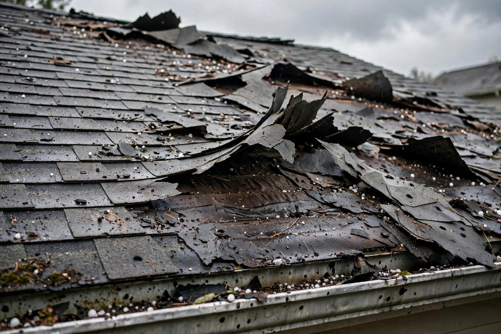 Close-up of a storm-damaged roof with missing shingles — after a hailstorm, roofing companies miss 50 to 70 percent of incoming calls